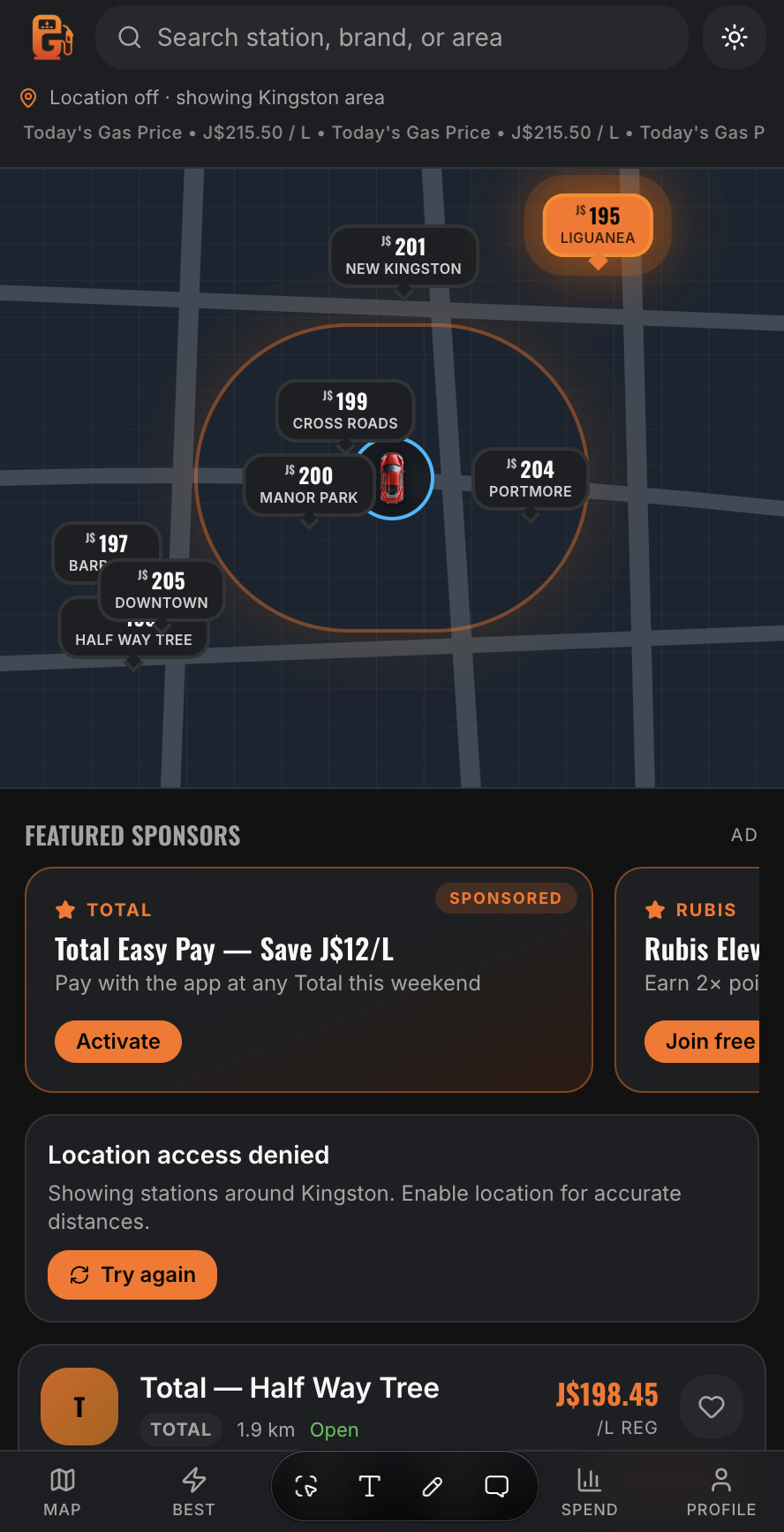 GStop app showing nearby stations on a map